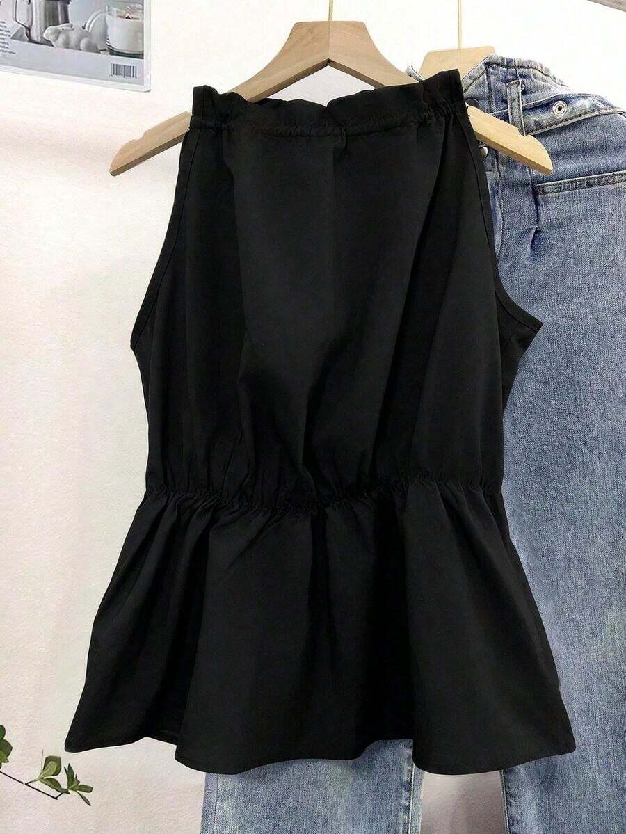 Blusa casual versátil de uso diario con estampado floral y pliegues para mujer - Negro - Ver 1