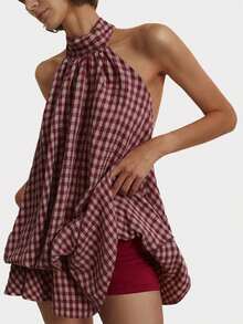 Vestido corto de verano para mujer con cuello halter, espalda descubierta y volantes con estampado de cuadros - Burdeos - Ver 8