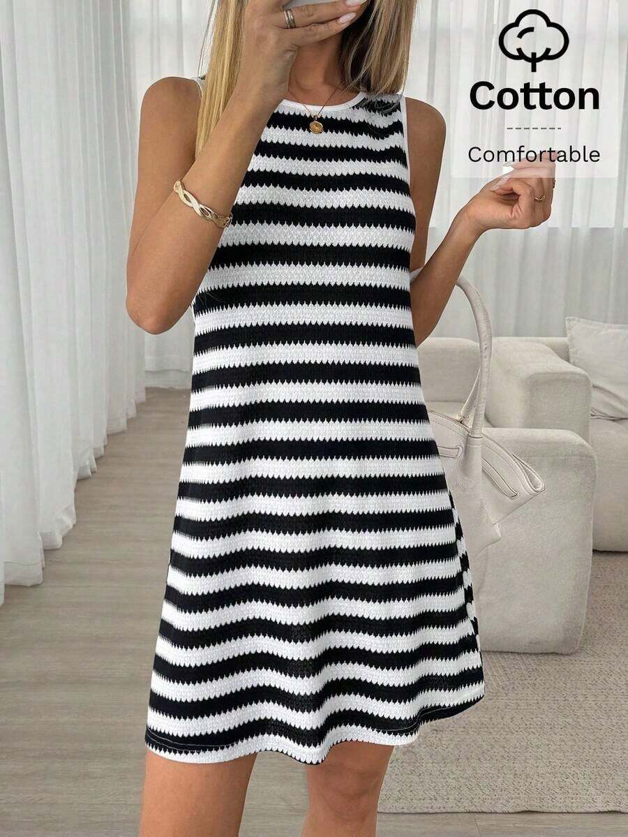 corto casual de mujer de cuello redondo sin mangas a rayas, para verano - Multicolor - Ver 1