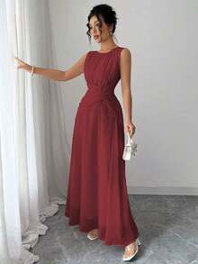 Vestido maxi casual, romántico, vintage y elegante de gasa para mujer con cordón en la cintura, para la playa, el té de la tarde, fiestas de noche, uso diario, sin mangas, de unicolor, vestido largo, primavera/verano - Burdeos - Ver 7