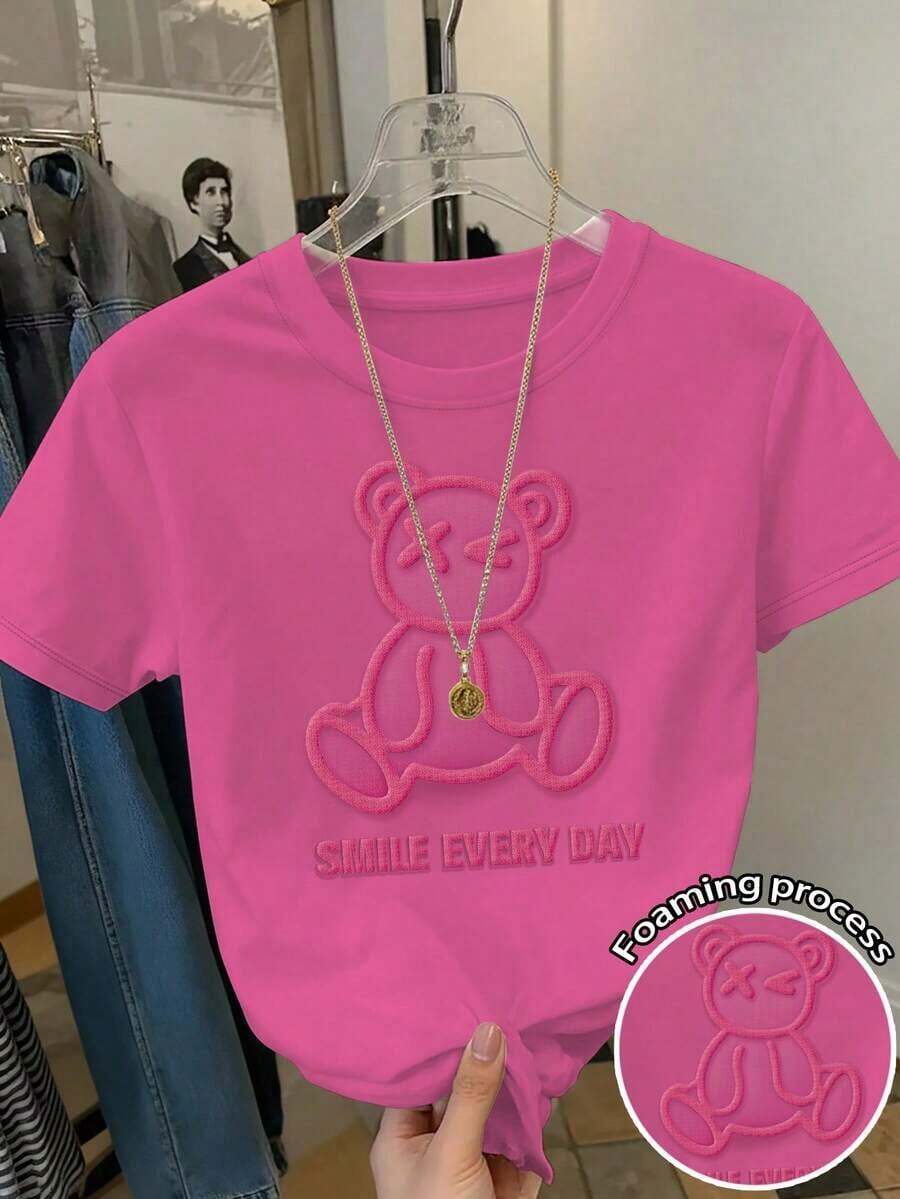 Camiseta de manga corta con cuello redondo y estampado de oso de peluche de dibujos animados, de uso casual y elegante para el uso diario en verano - Rosa Fucsia - Ver 1