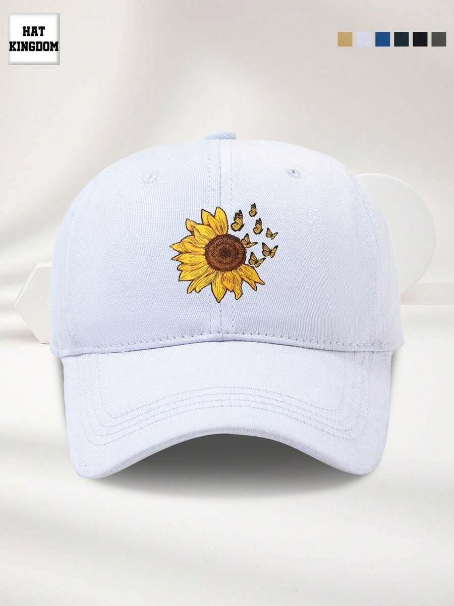 1pc Unisex Adjustable Size Sunflower & Butterfly Print Casual Baseball Cap, Versatile For Outdoor, Camping, Beach, Party, Breathable, Suitable For Spring, Summer, Autumn, Winter - A - View 1