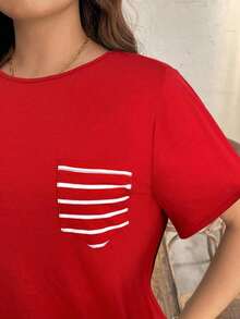 Camiseta casual de talla grande con bolsillo y rayas de contraste, prenda de vestir occidental estilo boho bohemio, top de festival de los 90, verano y primavera - Rojo - Ver 3