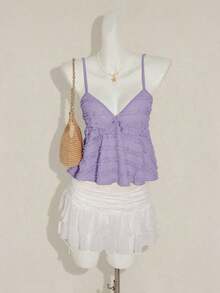 Blusa de tirantes de mujer con volantes de tela texturizada de unicolor para el verano y vacaciones - Púrpura malva - Ver 5