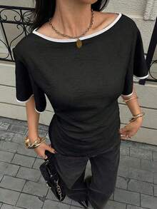 Camisa casual de mujer con ribete de contraste en la cintura y manga corta, para verano - Negro - Ver 3
