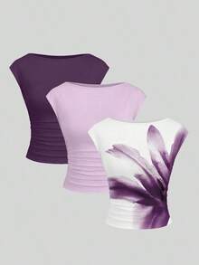 Set de 3 blusas/camisetas ajustadas para mujer con espalda descubierta, transpirables y de secado rápido - Multicolor 6 - Ver 7