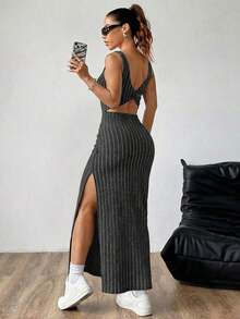 maxi informal sin mangas con abertura lateral, atuendo de mujer - Gris Oscuro - Ver 7