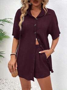 Conjunto de 2 piezas con blusa de manga corta de cuello de botones y shorts con lazo delantero, sencillo, para mujer - Rojo violeta - Ver 4