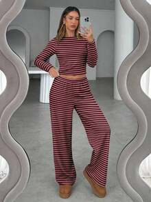 Conjunto de pijama informal para mujer de , incluye camiseta de manga larga con cuello redondo a rayas y pantalones rectos a rayas, adecuado para uso diario, deportes, otoño/invierno, ropa para el regreso a clases, conjunto de dos piezas a rayas marrones, para uso diario, oficina, salidas. - Multicolor 2 - Ver 7