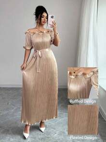Petite Vestido elegante de color champán con mangas cortas, hombros descubiertos y volantes - Champán - Ver 8