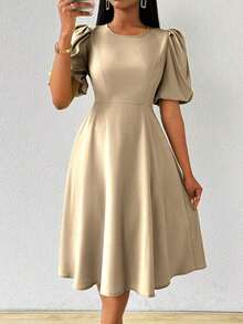 Vestido verde de manga abullonada larga, cuello en V, cintura recogida y bajo acampanado, para primavera y verano - Albaricoque - Ver 4