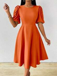 Vestido verde de manga abullonada larga, cuello en V, cintura recogida y bajo acampanado, para primavera y verano - Naranja - Ver 7