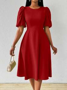 Vestido verde de manga abullonada larga, cuello en V, cintura recogida y bajo acampanado, para primavera y verano - Rojo - Ver 5