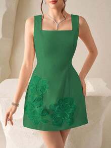 Vestido mini sexy con decoración floral 3D y cinturón a la cintura en color amarillo pálido, adecuado para citas, fiestas y ocasiones formales - Verde - Ver 4