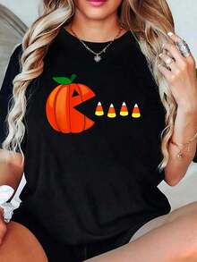 Camiseta divertida de Halloween con diseño de calabaza comiendo maíz dulce, de algodón, con estampado gráfico para mujer, cuello redondo, manga corta, estilo casual, holgada, versátil, estilo Y2k. - Negro - Ver 1