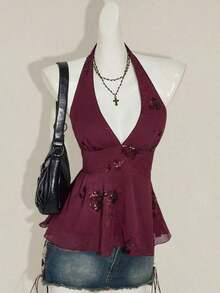 ICON Camiseta de halter de cuello con cuentas para mujer - Burdeos - Ver 3