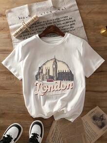 Egg Tart Special London Big Ben Graphic T-Shirt, Short Sleeve, Round Neck, Casual Style, Summer And Spring, For Women - Soft And Lightweight Fabric - 白色 - 查看 12