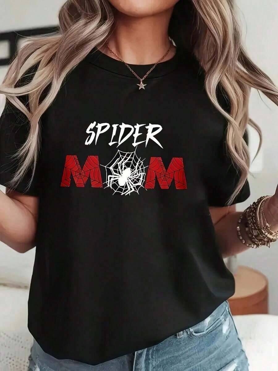 Under The Radar Women's Spider Mom T-Shirt - Short Sleeve T-Shirt With Spider And Web Print, Soft And Stretchy Casual Crew Neck Blouse Suitable For All Seasons, Machine Washable Casual Clothes For Moms, Spring Summer Women's Clothing - Vintage Street Style Unisex Loose Cotton Short Sleeve Crew Neck T-Shirt - 黑色 - 查看 1