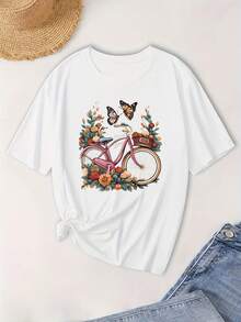 Camiseta de Manga Corta con Cuello Redondo Talla Grande - Blusa Casual con Estampado de Flores y Mariposas, Lavable a Máquina para Atuendos Informales y Capas - Camisetas Cómodas y Holgadas para Estilo 12+ (Inglés y Español) - Blanco - Ver 2
