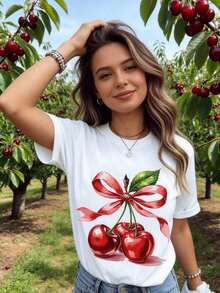 Camiseta de Cuello Redondo para Mujer con Estampado de Cereza y Lazo Rojo, Manga Corta, Estilo Casual de Verano - Blanco - Ver 2