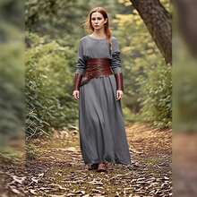 Medieval Retro Dress With Round Neckline, Long Sleeves, And A Slim Fit, Artistic Cotton-Linen Long Cosplay Dress For Women - Dark Grey - View 4