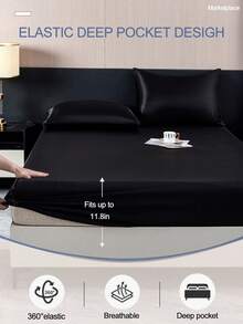 1pc Solid Black TPU Backed Waterproof Satin Fitted Sheet, 1pc Fitted Sheet, Valentine's Day Mattress Cover, Suitable For Home Use In Oversized/Queen/Full/Twin Size Beds, Mattress Depth Up To 11.8 Inches, Breathable & Wrinkle-Resistant, Machine Washable - Black - View 7