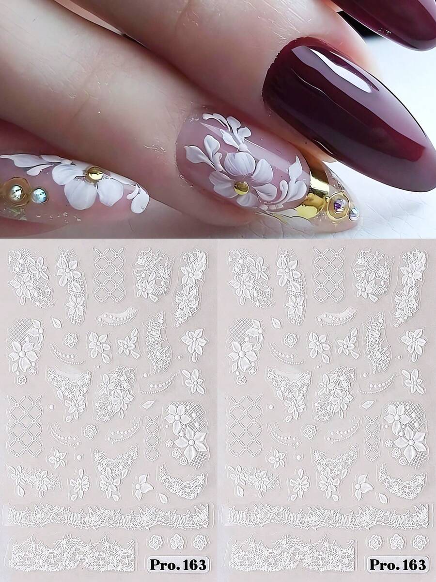 2片白色蕾絲花卉美甲貼紙,3D浮雕網格與雛菊碎花花瓣美甲貼花,透明美甲飾品,優雅婚禮派對美甲裝飾,適用於女性女孩的美甲用品 - 白色 - 查看 1