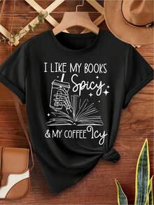 Camiseta casual de mujer "My Coffee My Book" - Camiseta de moda casual de mujer con cuello redondo - Negro - Ver 2