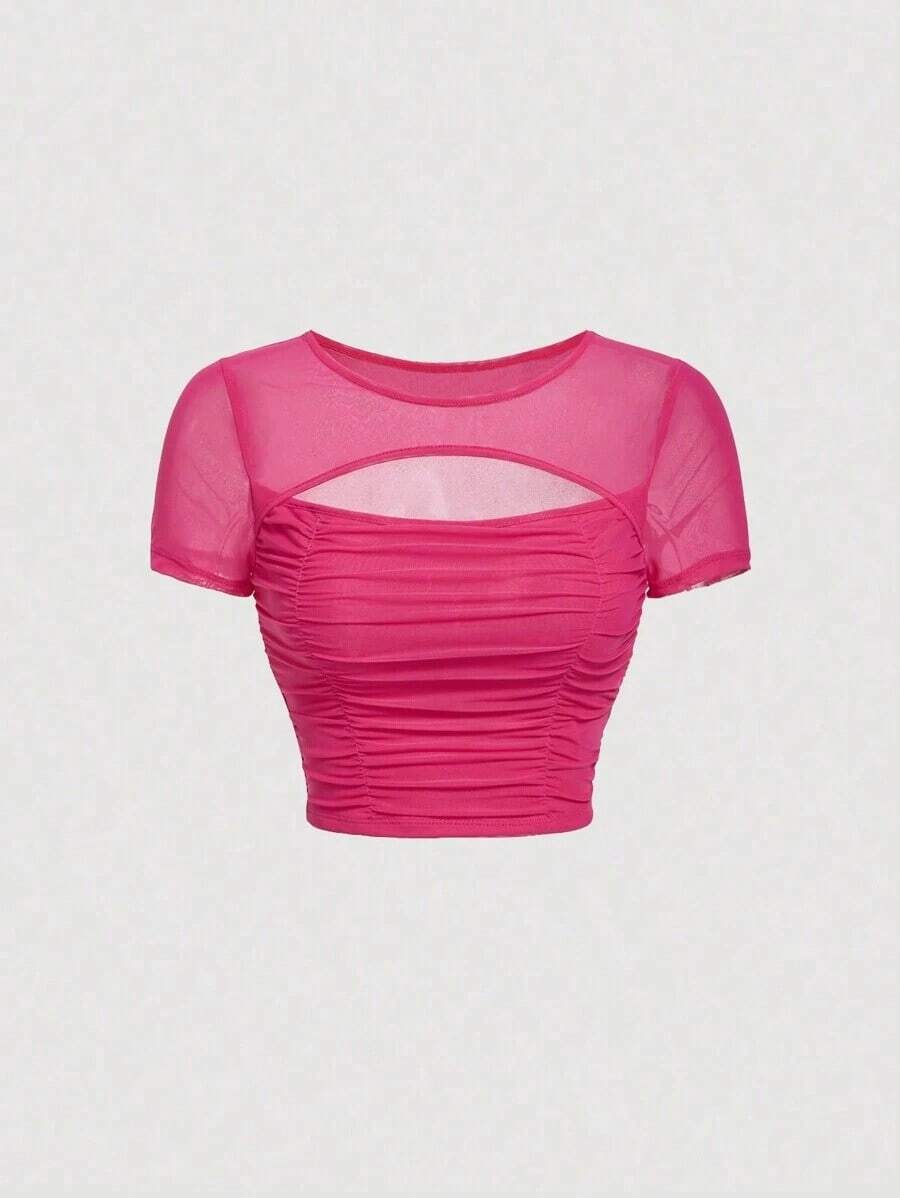 Camiseta De Malla Plisada Ahuecada Para Mujer - Rosa Fucsia - Ver 1