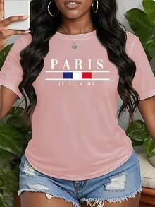 Women's "PARIS JE T'AIME" Short-Sleeved T-Shirt With Flag Print, Round Neck, Machine Washable, Comfortable, Soft, Breathable, Suitable For Spring, Summer, And Autumn. Loose, Casual, Fashionable, Ideal For Everyday Wear And Work, Simple And Versatile, Sizes S-XXL. - 黑色 - 查看 7