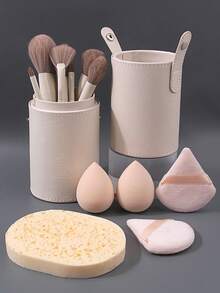 16 piezas Juego de brochas de maquillaje profesional, que incluye brocha para rubor, brocha para contorno, brocha para base, brocha para nariz, brocha para sombra de ojos, brocha para cejas, brocha para labios, brocha de detalle, cerdas suaves, brochas para maquillaje de rostro y ojos, con borla de polvo súper suave y esponja de maquillaje de doble uso, viene con tubo de almacenamiento, kit de brochas de maquillaje portátil - Albaricoque - Ver 6