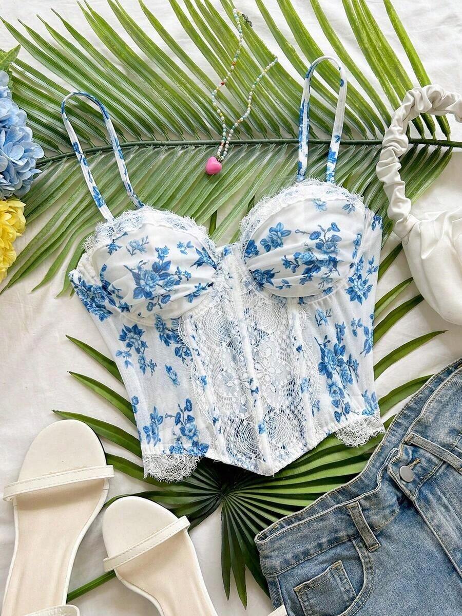 Camiseta de malla con estampado floral vintage romántico para mujer, adecuada para vacaciones, citas, té de la tarde, festivales de música, estilo bohemio - Azul y blanco 2 - Ver 1