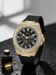 Guess Men's Quartz Watch Gold Tone Crystal Encrusted Multi Dial Wristwatch Black Silicone Strap Statement Dress Watch for Party Nightclub Festival Streetwear Dating Ideal Gift for Him on Birthday Anniversary Valentines Day Perfect for Bold Glamorous Style Enthusiasts - 黑色 - 查看 1