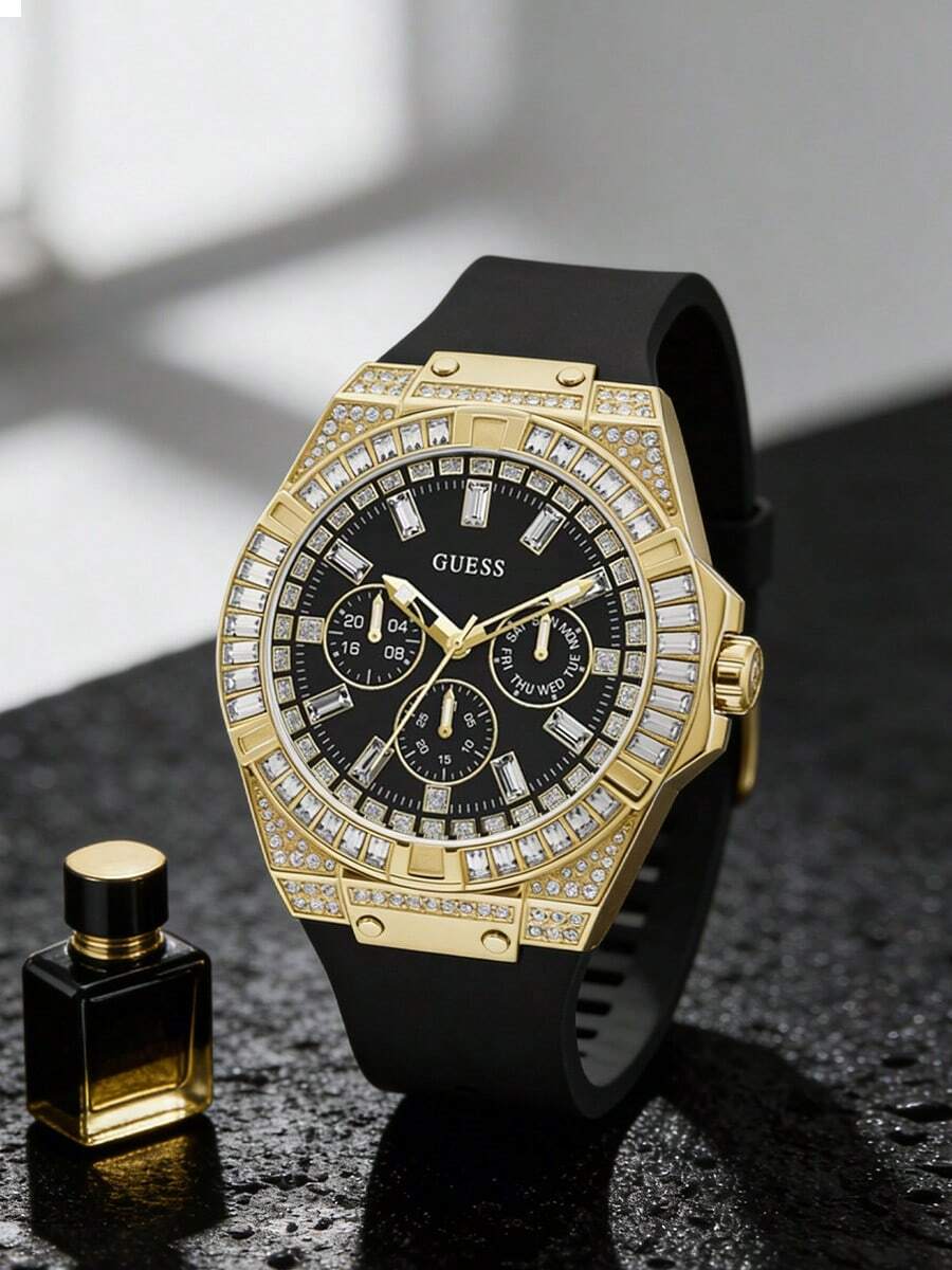 Guess Men's Quartz Watch Gold Tone Crystal Encrusted Multi Dial Wristwatch Black Silicone Strap Statement Dress Watch for Party Nightclub Festival Streetwear Dating Ideal Gift for Him on Birthday Anniversary Valentines Day Perfect for Bold Glamorous Style Enthusiasts - 黑色 - 查看 1