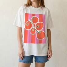 1 pieza, camiseta estética de color rosa-naranja con diseño de tomate, de algodón de alta calidad y diseño artístico, adecuada para parejas, disponible en tallas S-3XL, unisex, moda urbana,  casual de verano, estilo elegante para mujer, camiseta de algodón con cuello redondo, para uso diario. | Regalo perfecto para las fiestas | Tela 100% algodón | Suave y cómodo | Camiseta de cuello redondo | - Blanco - Ver 2