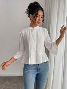 Camisa casual de mujer de un solo pecho de unicolor con mangas de campana - Blanco - Ver 7
