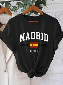 Women's Short-Sleeved T-Shirt From Uste Hoado With Madrid, Spain Flag Print - Casual Round Neck Top, Lightweight, Breathable For Summer And All Seasons, Black With White Lettering, Machine Washable, For Everyday Wear - 黑色 - 查看 1