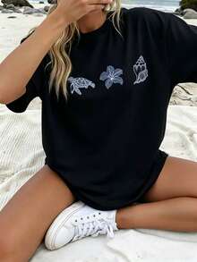 Light Blue Short-Sleeved T-Shirt With Round Neck, Sea Turtle Print, Flowers And Shells, Casual Style, Loose Fit, For Women, Ideal For Summer, Daily Wear And Vacation. - 黑色 - 查看 1