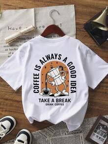 Camiseta de manga corta con cuello redondo y estampado de taza de café, sencilla y a la moda, versátil y adecuada para el uso diario de mujeres en verano. - Blanco - Ver 2