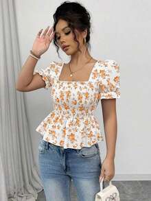 Blusa de mujer con estampado floral diminuto, mangas abullonadas y dobladillo con volantes - Amarillo - Ver 5