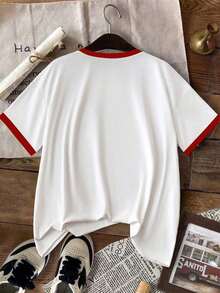 Loose-Fitting Short-Sleeved T-Shirt With Bow Print, Casual Spring/Summer Style, Red - Multicolor 7 - View 2