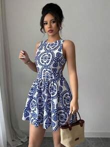 Vestido corto sin espalda para mujer, minimalista y de moda, adecuado para el verano - Azul - Ver 4