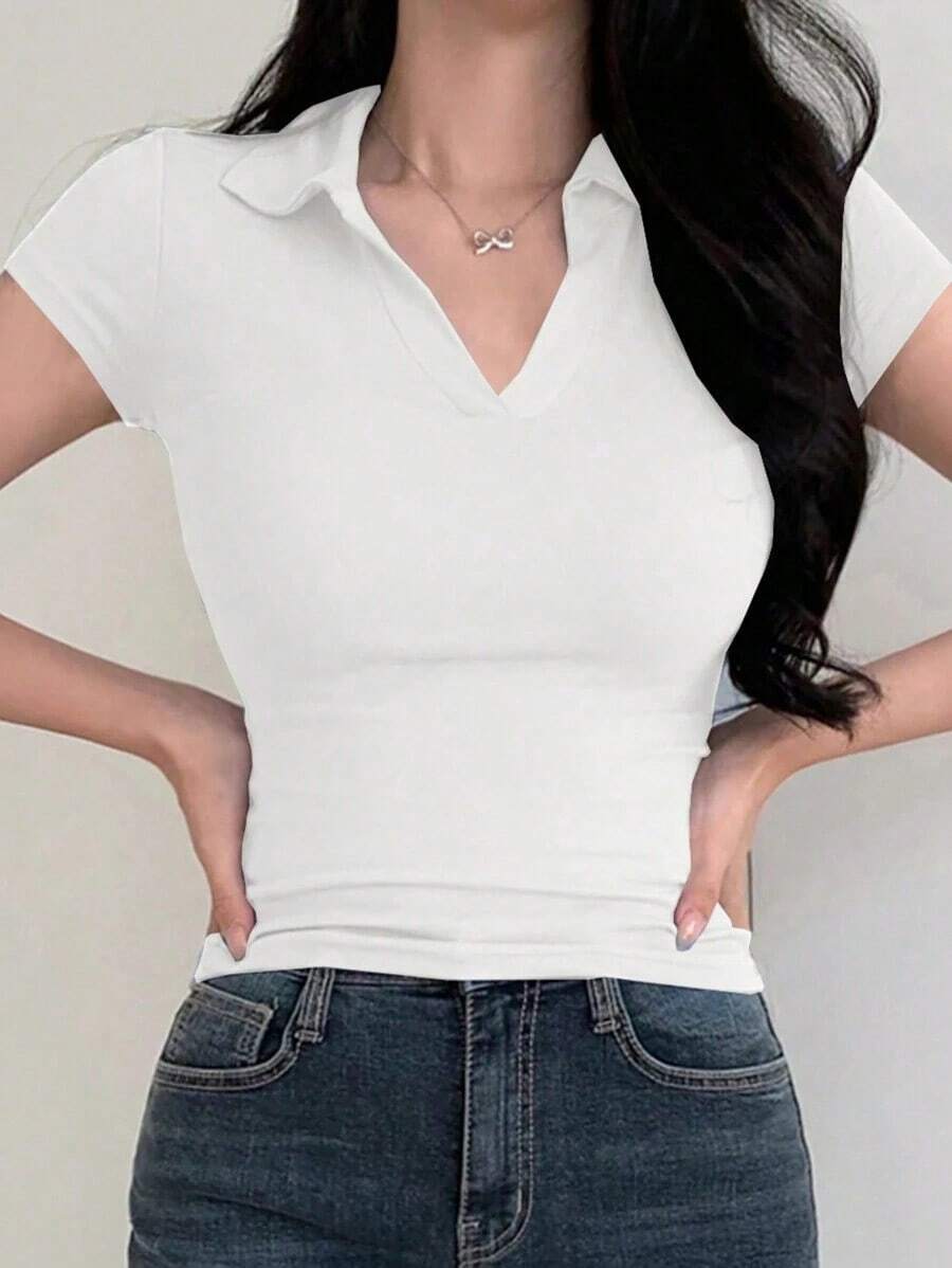 Camiseta polo de manga corta de ajuste ceñido de unicolor para mujer, casual de verano, casual de negocios, tops estilo universitario para mujer - Blanco - Ver 1
