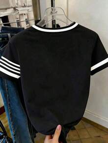 Blusa casual de cuello redondo con patrón de volantes y lazo asimétrico de color contrastante, adecuada para uso diario casual - Negro - Ver 2