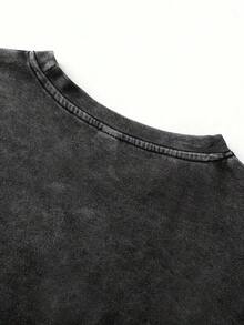 Camiseta de manga corta con lavado desgastado y estampado de texto "Just Peachy" y gráfico colorido.Casual americano, versátil cuello redondo, moda primavera/verano, adecuado para uso diario, salidas y uso escolar.Talla grande.Negro - Negro - Ver 4