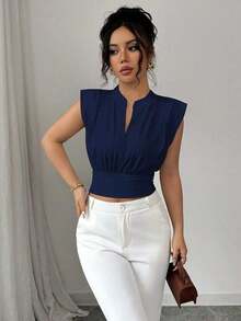 Nueva camiseta sin mangas ajustada para mujer con cuello alto de punto, media cremallera frontal y estilo informal - Azul marino - Ver 5