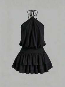 Vestido mini con espalda descubierta, estilo sexy y picante, de cuello halter, adecuado para citas, vacaciones y verano - Negro - Ver 1
