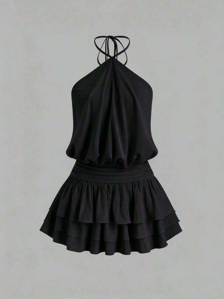 Vestido mini con espalda descubierta, estilo sexy y picante, de cuello halter, adecuado para citas, vacaciones y verano - Negro - Ver 1