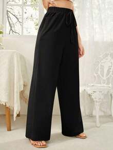 Pantalones largos minimalistas de unicolor con cordones y bolsillos para mujer, casuales para uso diario - Negro - Ver 4