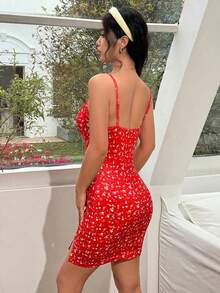 Vestido de mujer con volantes y estampado floral diminuto, con abertura en el bajo, para ropa de Año Nuevo - Rojo - Ver 2